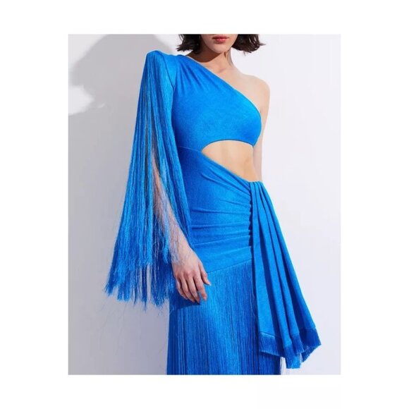 PatBO One Shoulder Fringe Maxi Dress in Cobalt Blue 2 New Womens Long Gown - Picture 13 of 16